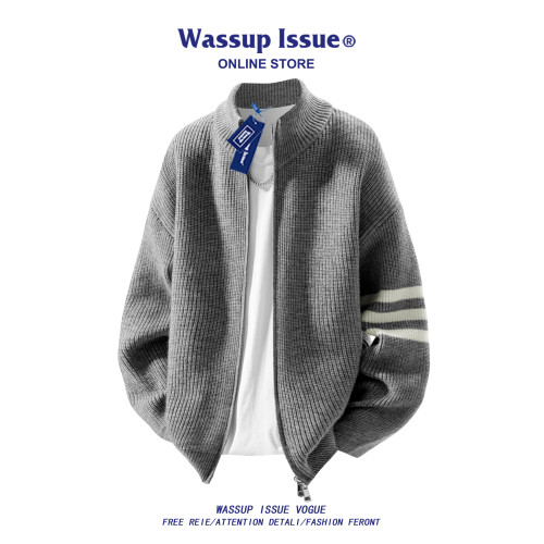 WASSUP ISSUE雙拉鍊簡約純色針織毛衣男秋冬季休閒情侶開衫外套男