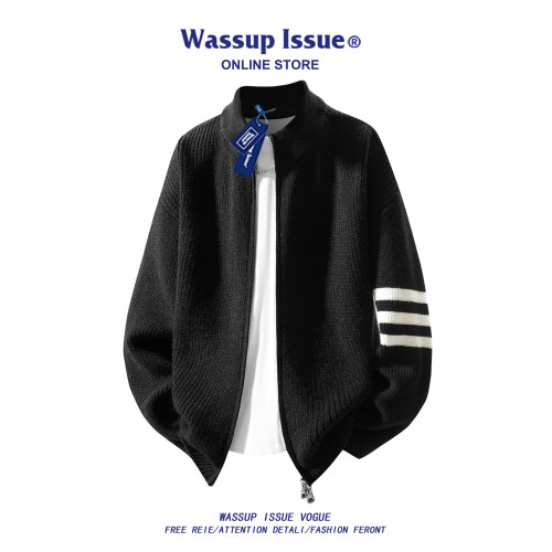 WASSUP ISSUE雙拉鍊簡約純色針織毛衣男秋冬季休閒情侶開衫外套男