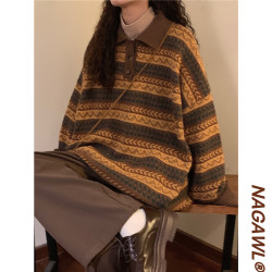 NAGA自製2025秋冬新款寬鬆美式復古條紋毛衣女慵嬾polo針織衫外穿