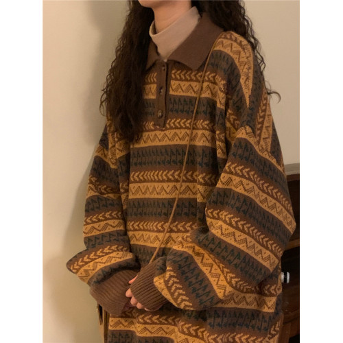 NAGA自製2025秋冬新款寬鬆美式復古條紋毛衣女慵嬾polo針織衫外穿