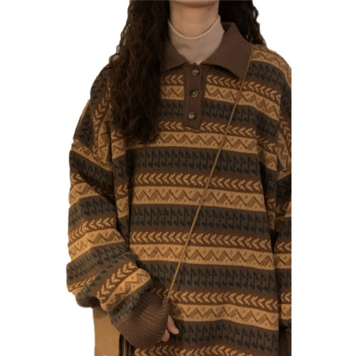 NAGA自製2025秋冬新款寬鬆美式復古條紋毛衣女慵嬾polo針織衫外穿