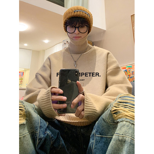 白色高領毛衣男冬季潮流慵懶打底寬松2024新款針織內搭保暖加厚冬