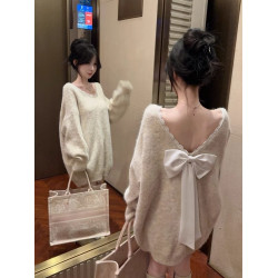 小香風蝴蝶結慵嬾風毛衣女秋冬高級感一字肩上衣中長款聖誕針織衫