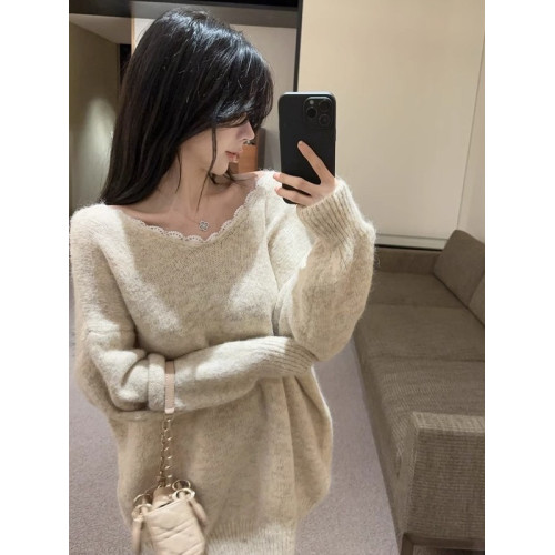 小香風蝴蝶結慵嬾風毛衣女秋冬高級感一字肩上衣中長款聖誕針織衫