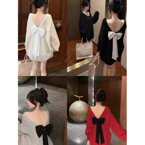 小香風蝴蝶結慵嬾風毛衣女秋冬高級感一字肩上衣中長款聖誕針織衫