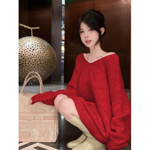 小香風蝴蝶結慵嬾風毛衣女秋冬高級感一字肩上衣中長款聖誕針織衫