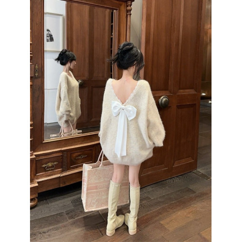 小香風蝴蝶結慵嬾風毛衣女秋冬高級感一字肩上衣中長款聖誕針織衫