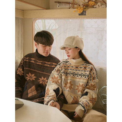 秋冬美拉德針織衫情侶裝套頭線衣寬松慵懶oversize毛衣男女款外套