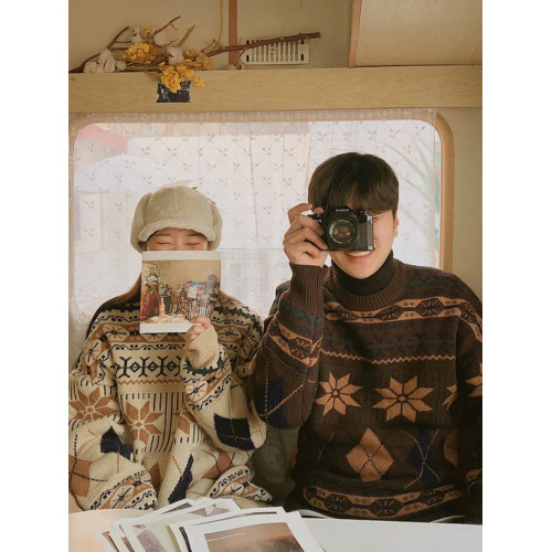 秋冬美拉德針織衫情侶裝套頭線衣寬松慵懶oversize毛衣男女款外套