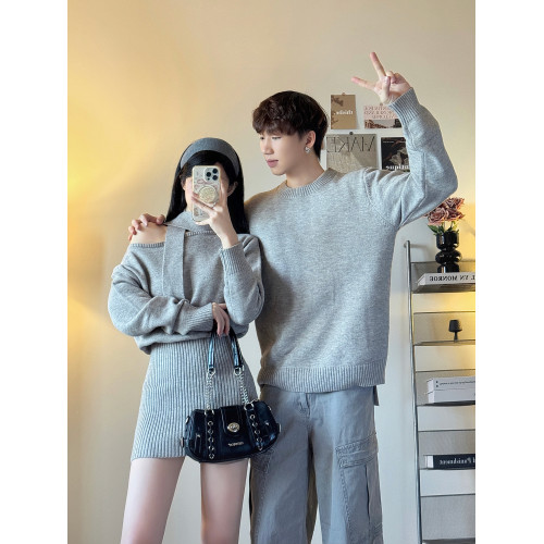 小衆設計感情侶裝秋冬INS超火毛衣miu系露肩針織衫連衣裙一裙一衣