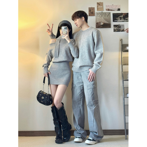 小衆設計感情侶裝秋冬INS超火毛衣miu系露肩針織衫連衣裙一裙一衣