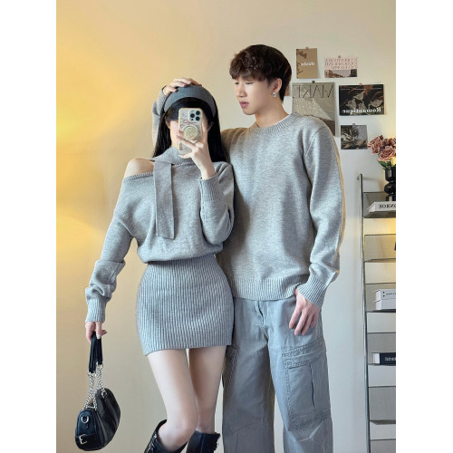 小衆設計感情侶裝秋冬INS超火毛衣miu系露肩針織衫連衣裙一裙一衣