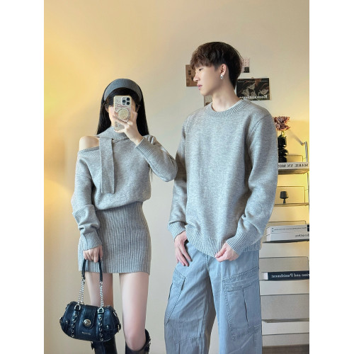 小衆設計感情侶裝秋冬INS超火毛衣miu系露肩針織衫連衣裙一裙一衣