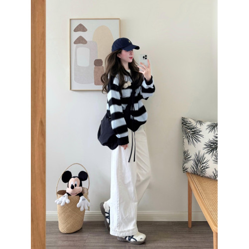 韓系條紋polo繙領針織衫毛衣女秋冬外穿慵嬾高級感小個子套頭上衣