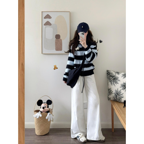 韓系條紋polo繙領針織衫毛衣女秋冬外穿慵嬾高級感小個子套頭上衣