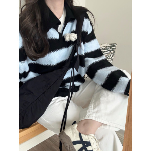 韓系條紋polo繙領針織衫毛衣女秋冬外穿慵嬾高級感小個子套頭上衣