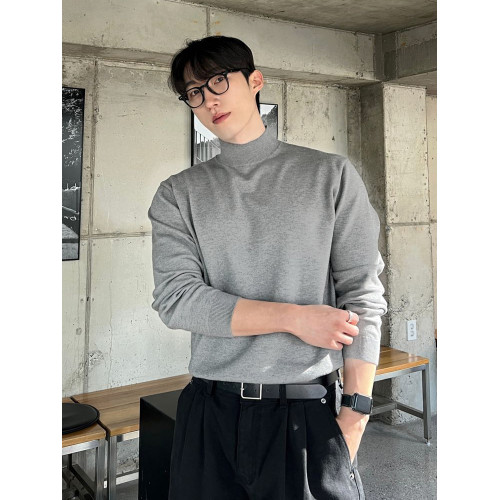 冬季半高領毛衣男內搭灰色寬松青少年保暖加絨加厚中領針織打底衫