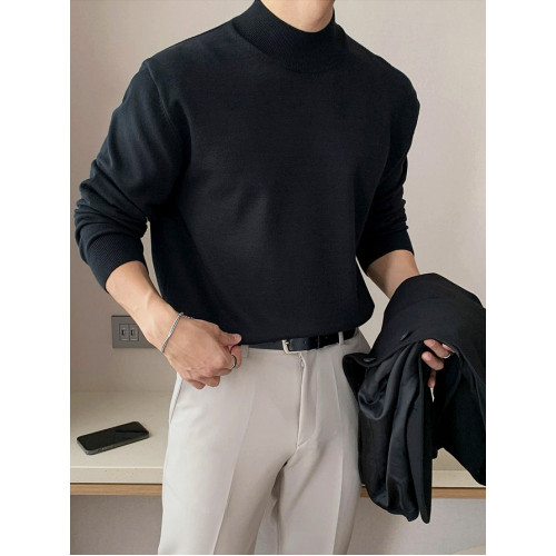 冬季半高領毛衣男內搭灰色寬松青少年保暖加絨加厚中領針織打底衫