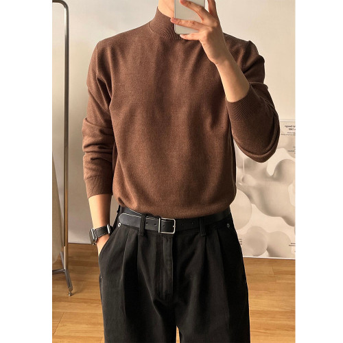 冬季半高領毛衣男內搭灰色寬松青少年保暖加絨加厚中領針織打底衫