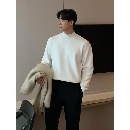 冬季半高領毛衣男內搭灰色寬松青少年保暖加絨加厚中領針織打底衫