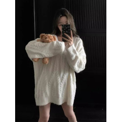 v領麻花毛衣女秋冬內搭中長款慵嬾風寬鬆外穿松弛氛圍感針織衫厚