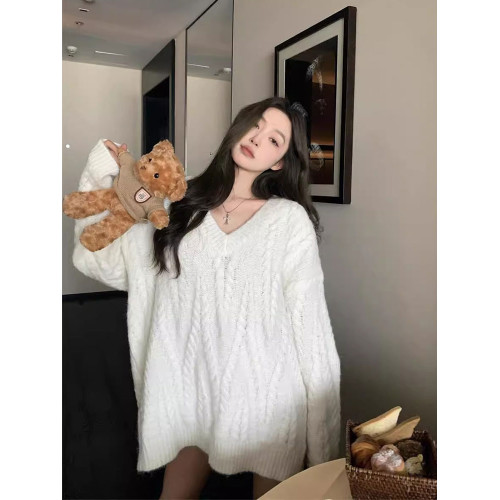 v領麻花毛衣女秋冬內搭中長款慵嬾風寬鬆外穿松弛氛圍感針織衫厚