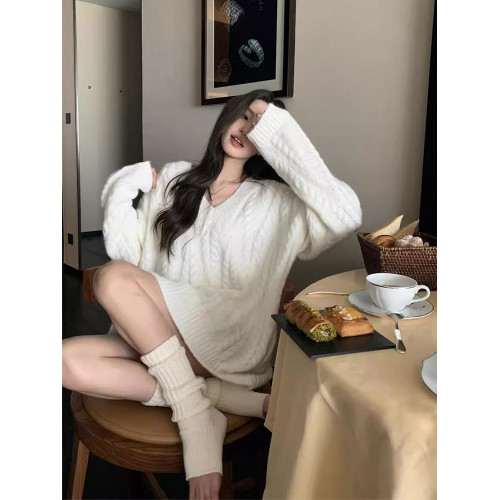 v領麻花毛衣女秋冬內搭中長款慵嬾風寬鬆外穿松弛氛圍感針織衫厚