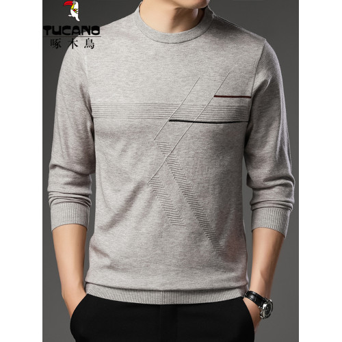 啄木鳥羊毛衫男士春秋款針織衫圓領薄款毛衣男長袖t恤線衣打底衫