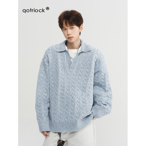 美式復古麻花假兩件針織毛衣男冬季潮慵懶風純色套頭打底加厚外套 美式復古麻花假兩件針織毛衣男冬季潮慵懶風純色套頭打底加厚外套