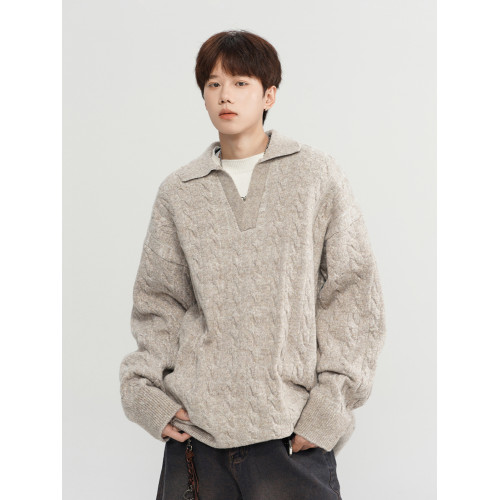 美式復古麻花假兩件針織毛衣男冬季潮慵懶風純色套頭打底加厚外套 美式復古麻花假兩件針織毛衣男冬季潮慵懶風純色套頭打底加厚外套