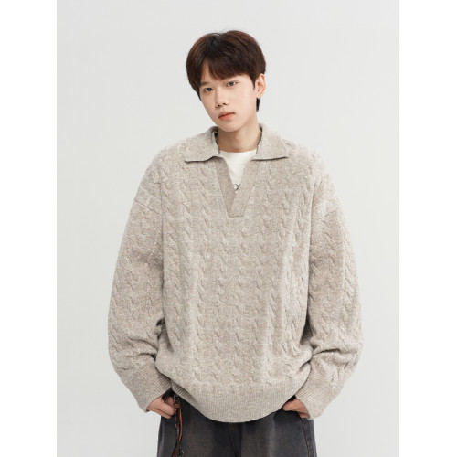 美式復古麻花假兩件針織毛衣男冬季潮慵懶風純色套頭打底加厚外套 美式復古麻花假兩件針織毛衣男冬季潮慵懶風純色套頭打底加厚外套