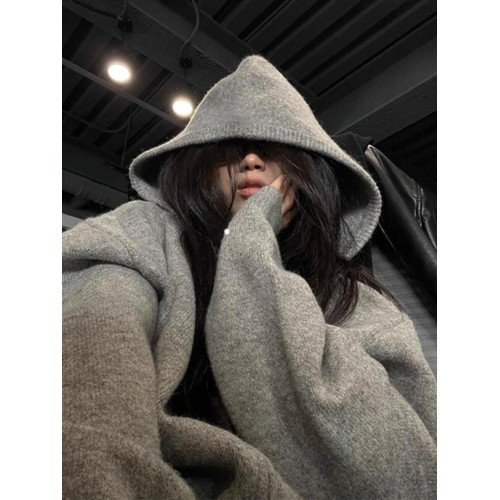 高級感灰色拉鍊連帽毛衣外套女秋冬寬鬆慵嬾風中長款針織開衫衛衣