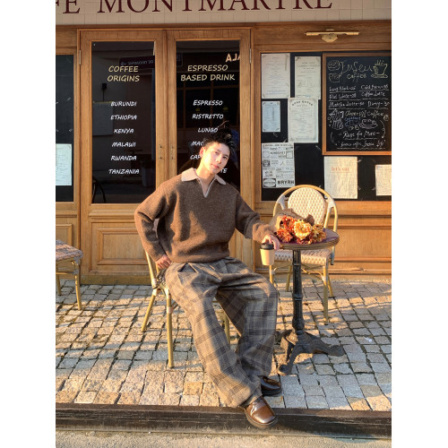 Holocene美式潮牌痞帥老錢風百搭翻領毛衣男秋冬假兩件V領針織衫