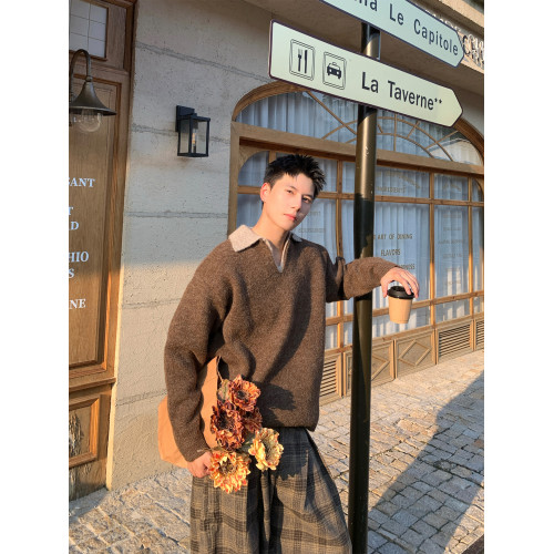 Holocene美式潮牌痞帥老錢風百搭翻領毛衣男秋冬假兩件V領針織衫