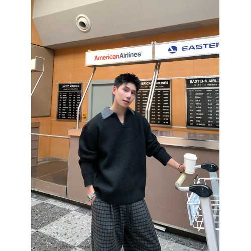 Holocene美式潮牌痞帥老錢風百搭翻領毛衣男秋冬假兩件V領針織衫