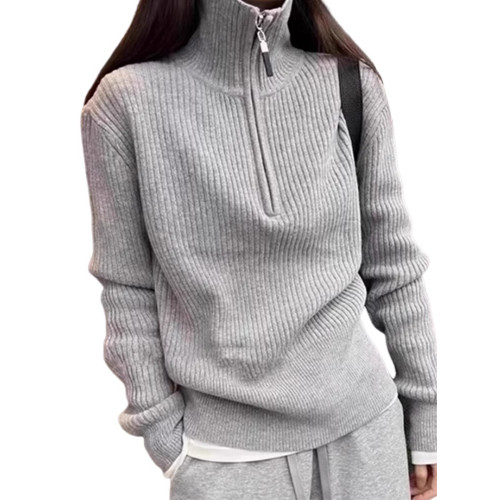 灰色半拉鍊高領毛衣打底衫女2025新款秋冬季內搭針織衫上衣設計感