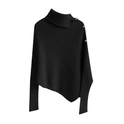 法式不規則黑色高領套頭毛衣女秋冬季加厚慵嬾風中長款針織衫上衣