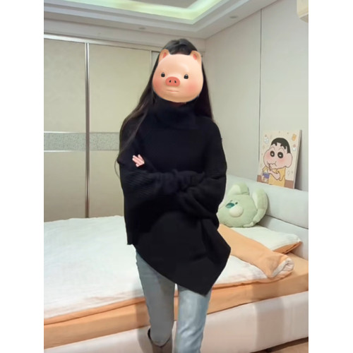 法式不規則黑色高領套頭毛衣女秋冬季加厚慵嬾風中長款針織衫上衣