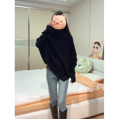 法式不規則黑色高領套頭毛衣女秋冬季加厚慵嬾風中長款針織衫上衣