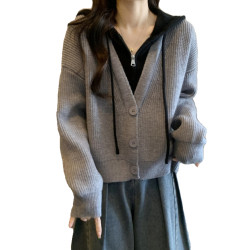 撞色假兩件連帽毛衣開衫2025秋冬季大碼胖mm穿搭遮肚顯瘦別致上衣