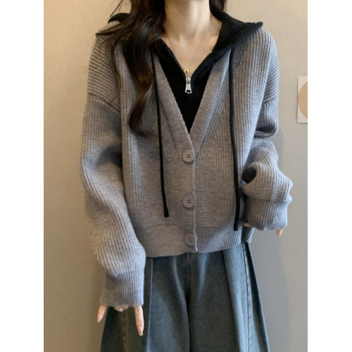 撞色假兩件連帽毛衣開衫2025秋冬季大碼胖mm穿搭遮肚顯瘦別致上衣