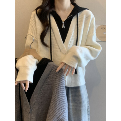 撞色假兩件連帽毛衣開衫2025秋冬季大碼胖mm穿搭遮肚顯瘦別致上衣