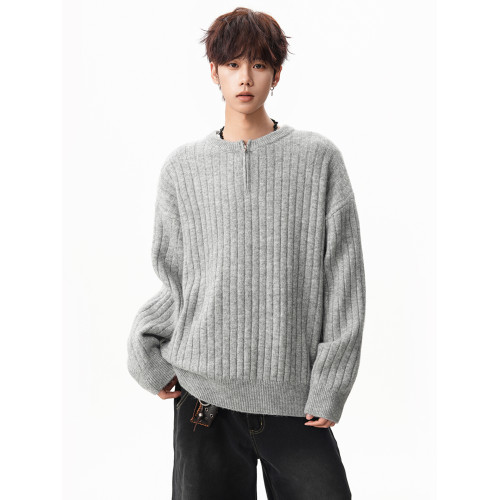 美式半拉鍊套頭毛衣男秋冬潮cleanfit寬松松弛保暖針織衫外套上衣