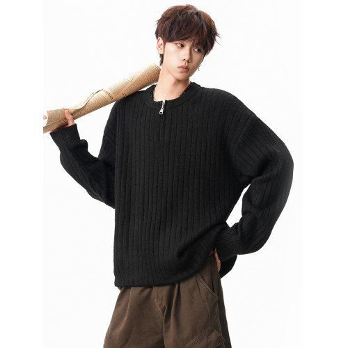 美式半拉鍊套頭毛衣男秋冬潮cleanfit寬松松弛保暖針織衫外套上衣