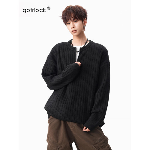 美式半拉鍊套頭毛衣男秋冬潮cleanfit寬松松弛保暖針織衫外套上衣