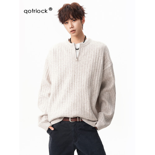 美式半拉鍊套頭毛衣男秋冬潮cleanfit寬松松弛保暖針織衫外套上衣