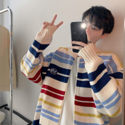 日系拼色條紋立領開衫毛衣男女潮牌ins情侶裝針織衫寬松秋冬外套