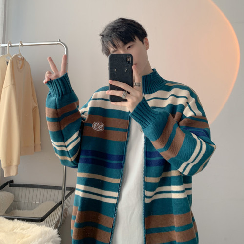 日系拼色條紋立領開衫毛衣男女潮牌ins情侶裝針織衫寬松秋冬外套