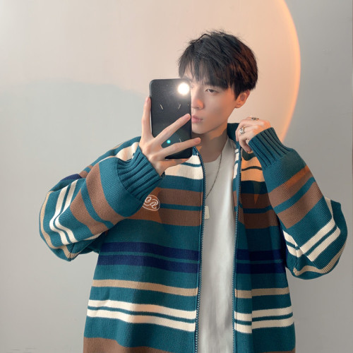 日系拼色條紋立領開衫毛衣男女潮牌ins情侶裝針織衫寬松秋冬外套