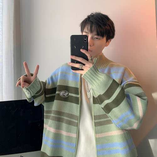 日系拼色條紋立領開衫毛衣男女潮牌ins情侶裝針織衫寬松秋冬外套